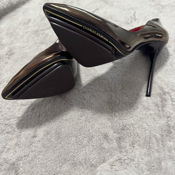 Charles Jordan Paris "Bridget" Classic Black Burgundy Iridescent Patent Pump - Picture 7 of 7
